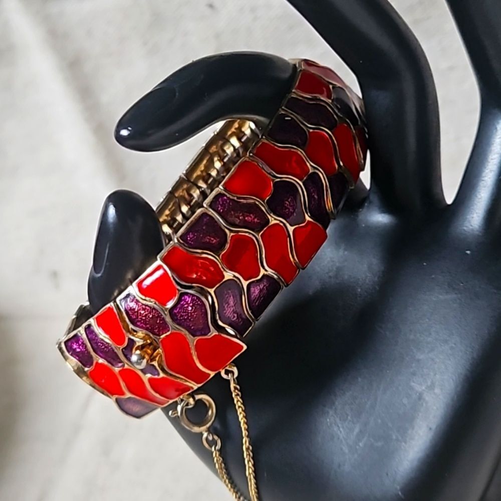 Vintage 80s Signed Purple Red Snake Scale Wrap Safety Chain Bracelet